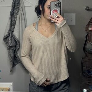 American Eagle Soft & Sexy Plush Waffle Knit V-Neck Top Beige Small